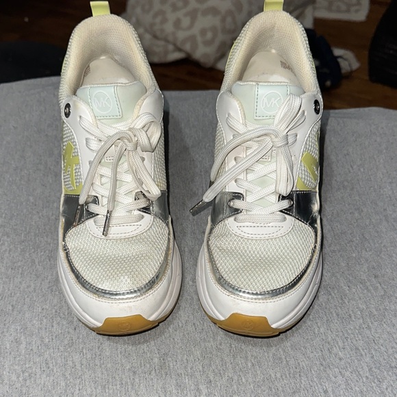 Michael Kors White and Silver Sneakers with Yellow Accents - Picture 1 of 7